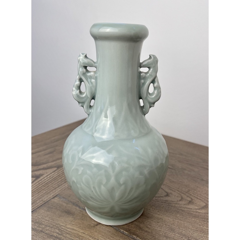 Vintage Asian Chinese Celadon Vase Phoenix Bird Seahorse Handles 7.75" Tall